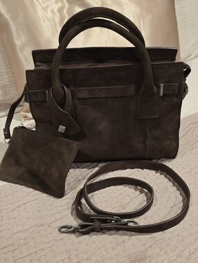 Peter Nappi, Suede Top Handle Handbag With Zip Pouch with Embossed Logo